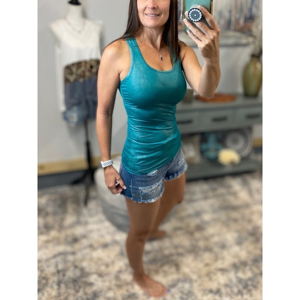 ❤️‍🔥 Racerback Metallic Summer Scoop Neck Tank Top Green 0618